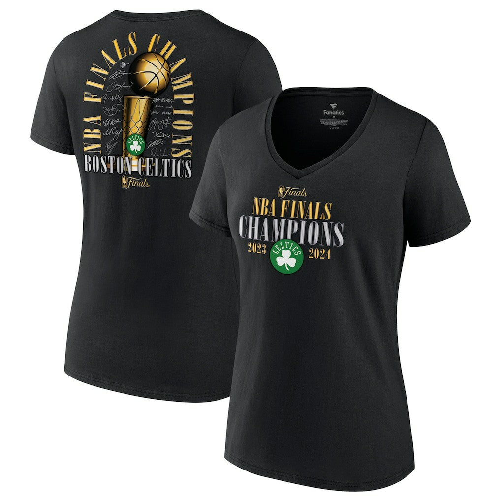 Black Boston Celtics Women's 2024 NBA Finals Champions Fade Away Jumper Roster Signature V-Neck T-Shirt | NBA