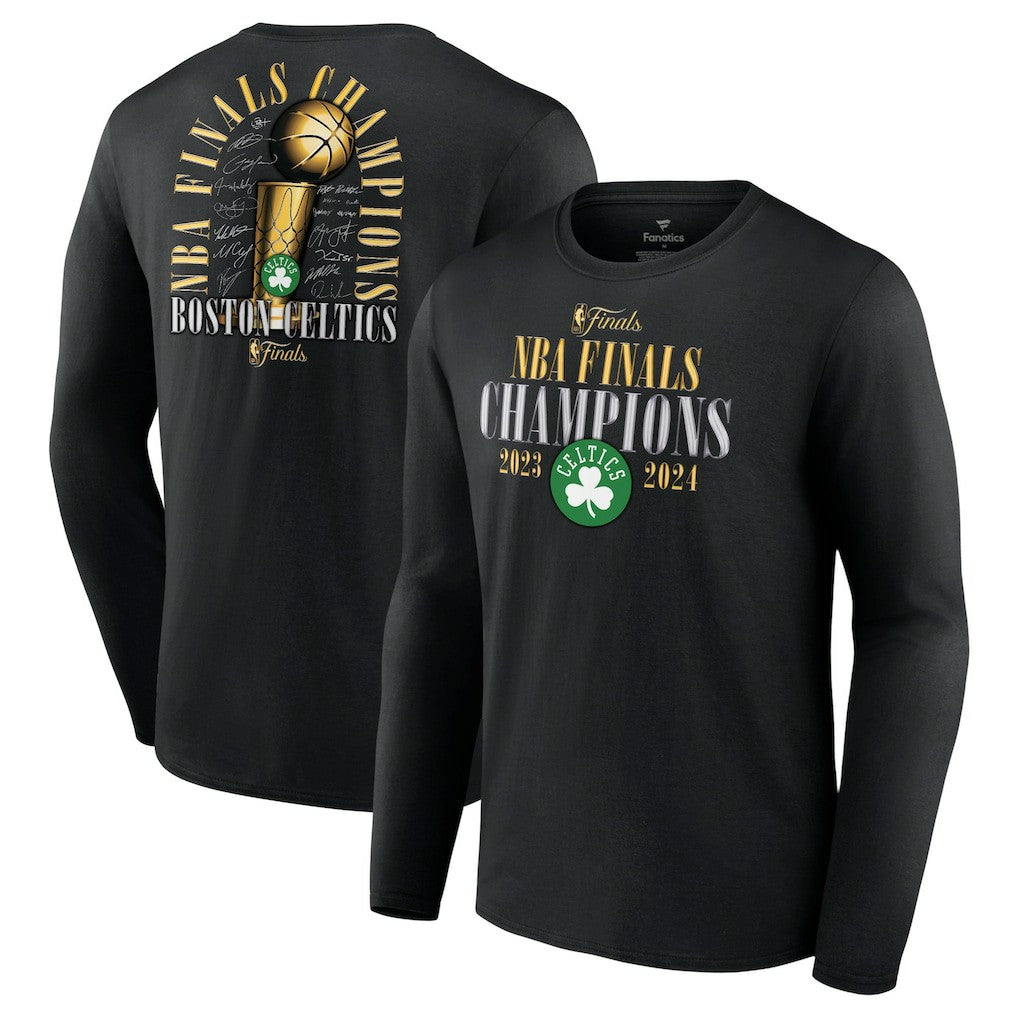 Black Boston Celtics 2024 NBA Finals Champions Fade Away Jumper Roster Signature Long Sleeve T-Shirt | NBA