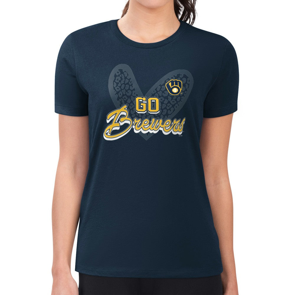 Milwaukee Brewers G-III 4Her by Carl Banks Women's Super-Slim Fit Lightweight Leopard Heart T-Shirt - MLB T-shirts