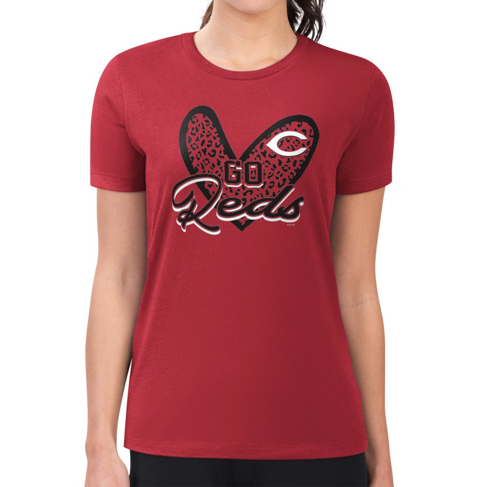 Cincinnati Reds G-III 4Her by Carl Banks Women's Super-Slim Fit Lightweight Leopard Heart T-Shirt - MLB T-shirts