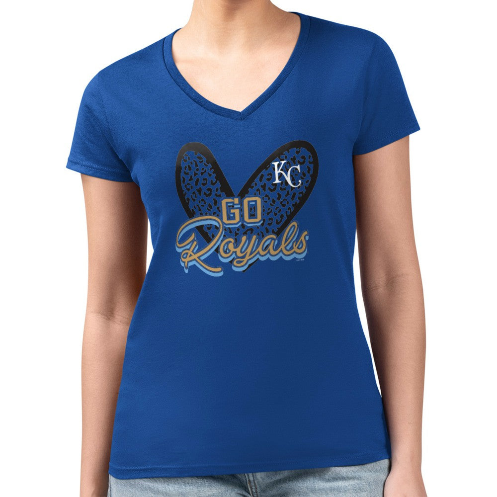 Kansas City Royals G-III 4Her by Carl Banks Women's Super-Slim Fit Lightweight Leopard Heart V-Neck T-Shirt - MLB T-shirts
