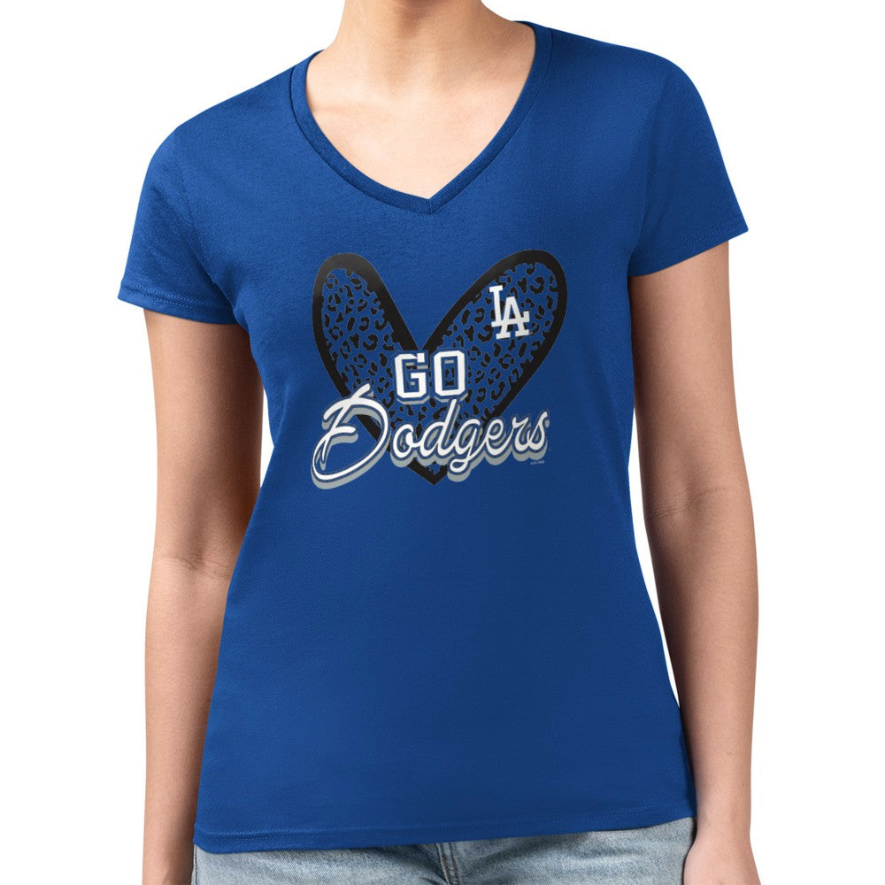 Los Angeles Dodgers G-III 4Her by Carl Banks Women's Super-Slim Fit Lightweight Leopard Heart V-Neck T-Shirt - MLB T-shirts