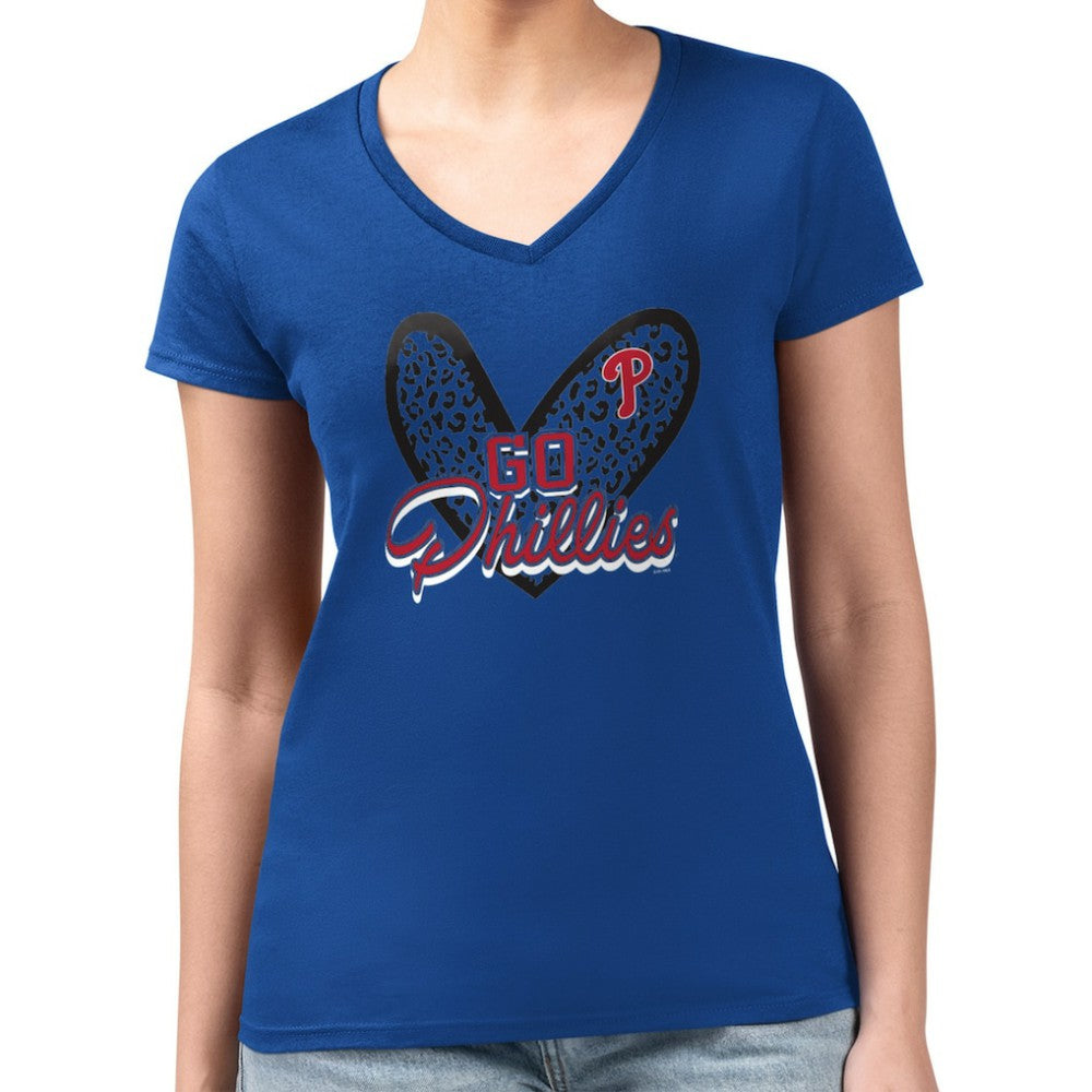 Philadelphia Phillies G-III 4Her by Carl Banks Women's Super-Slim Fit Lightweight Leopard Heart V-Neck T-Shirt - MLB T-shirts