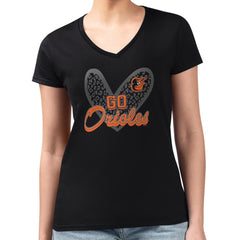 Baltimore Orioles G-III 4Her by Carl Banks Women's Super-Slim Fit Lightweight Leopard Heart V-Neck T-Shirt - MLB T-shirts