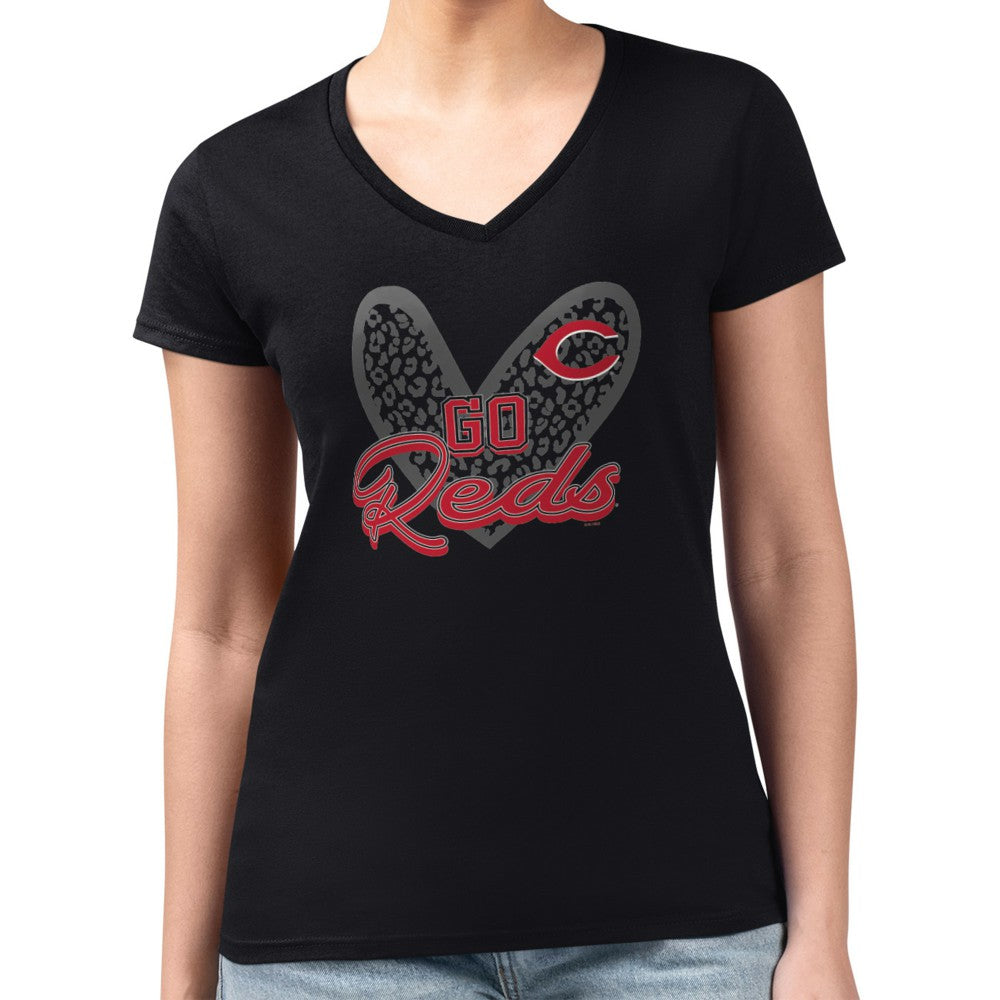 Cincinnati Reds G-III 4Her by Carl Banks Women's Super-Slim Fit Lightweight Leopard Heart V-Neck T-Shirt - MLB T-shirts