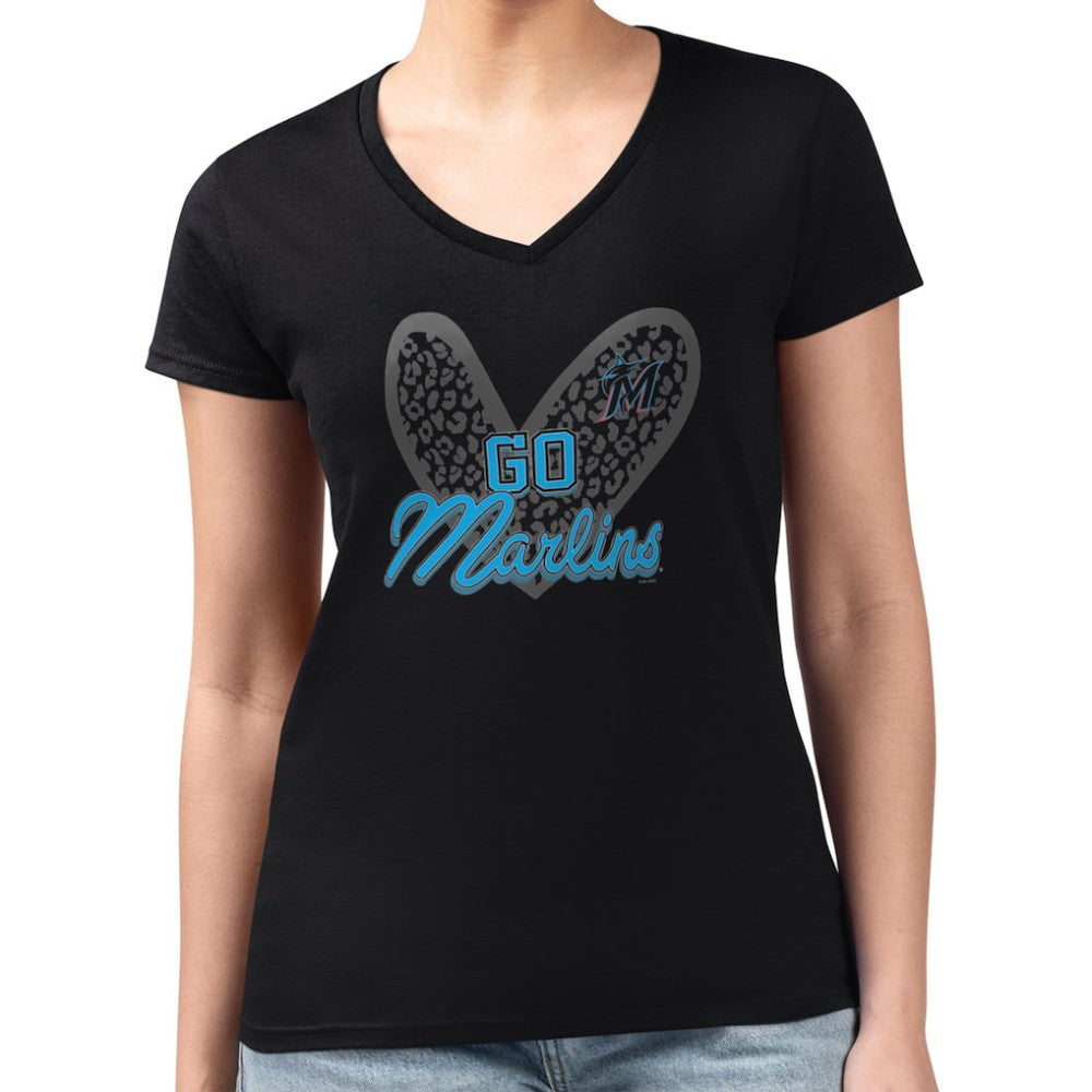 Miami Marlins G-III 4Her by Carl Banks Women's Super-Slim Fit Lightweight Leopard Heart V-Neck T-Shirt - MLB T-shirts