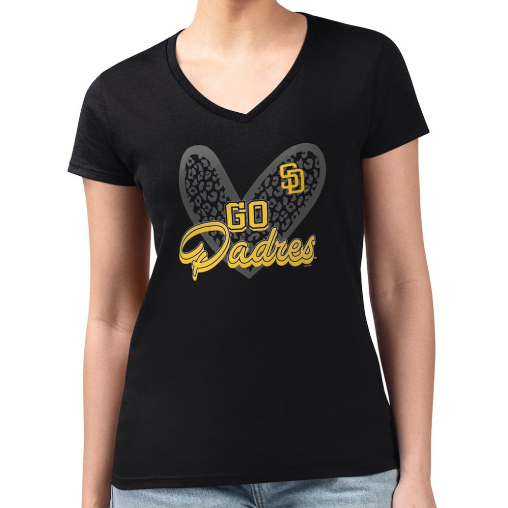 San Diego Padres G-III 4Her by Carl Banks Women's Super-Slim Fit Lightweight Leopard Heart V-Neck T-Shirt - MLB T-shirts