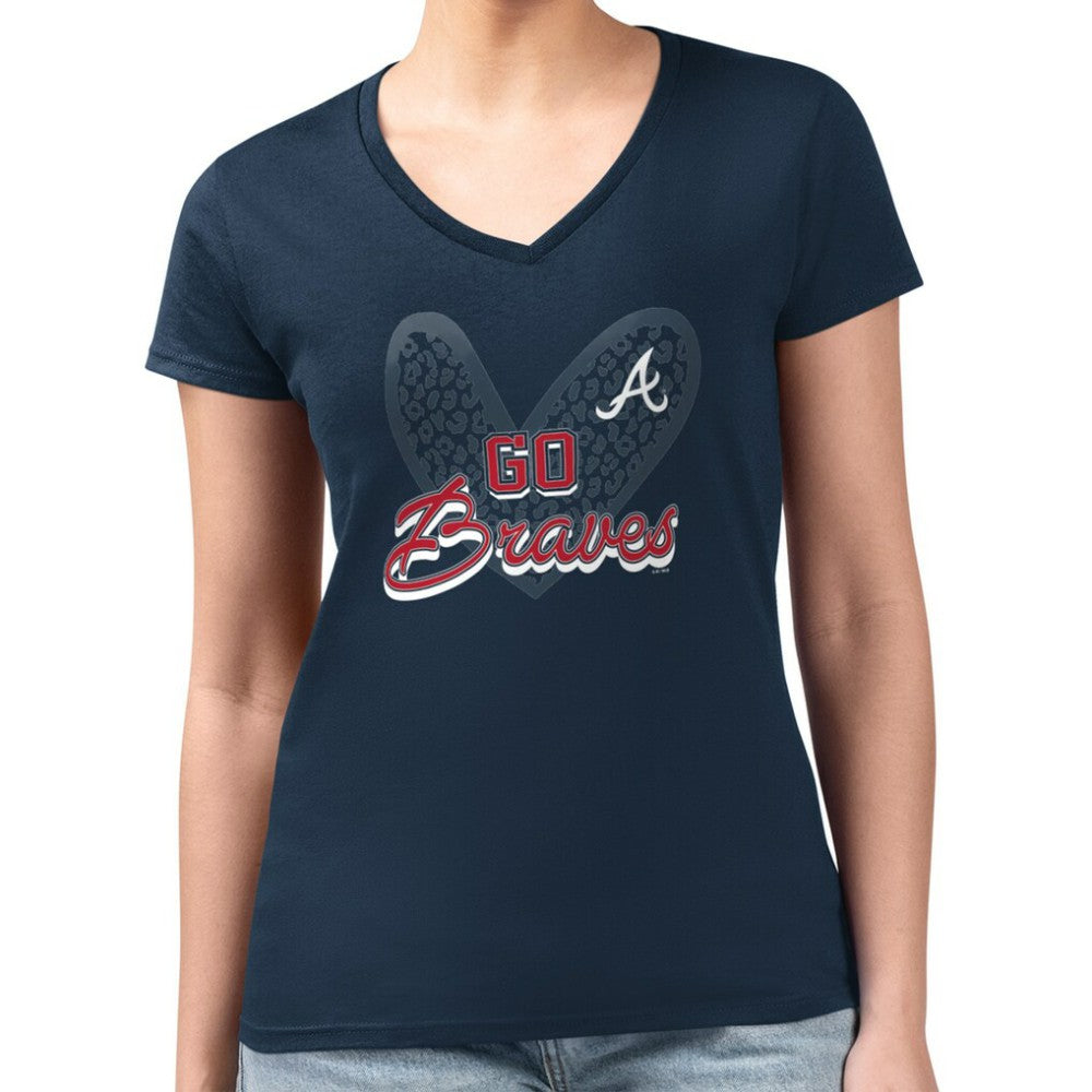 Atlanta Braves G-III 4Her by Carl Banks Women's Super-Slim Fit Lightweight Leopard Heart V-Neck T-Shirt - MLB T-shirts