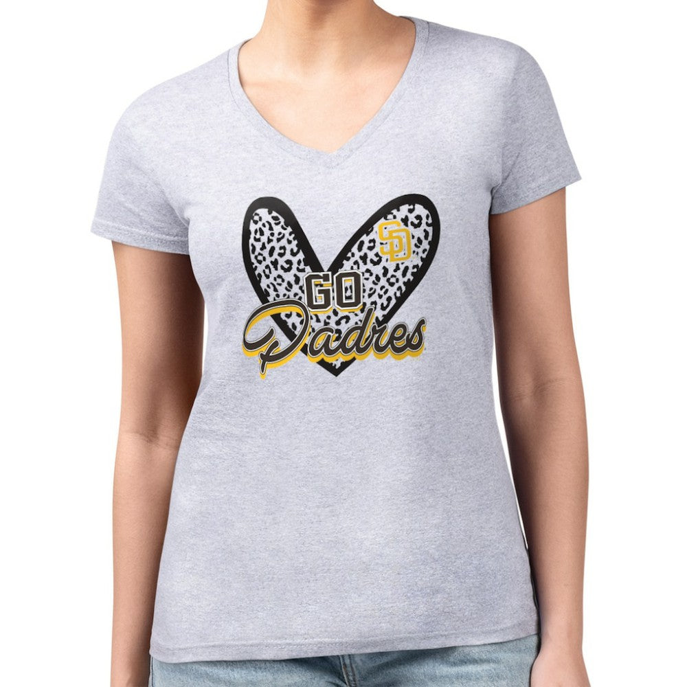 San Diego Padres G-III 4Her by Carl Banks Women's Super-Slim Fit Lightweight Leopard Heart V-Neck T-Shirt - MLB T-shirts