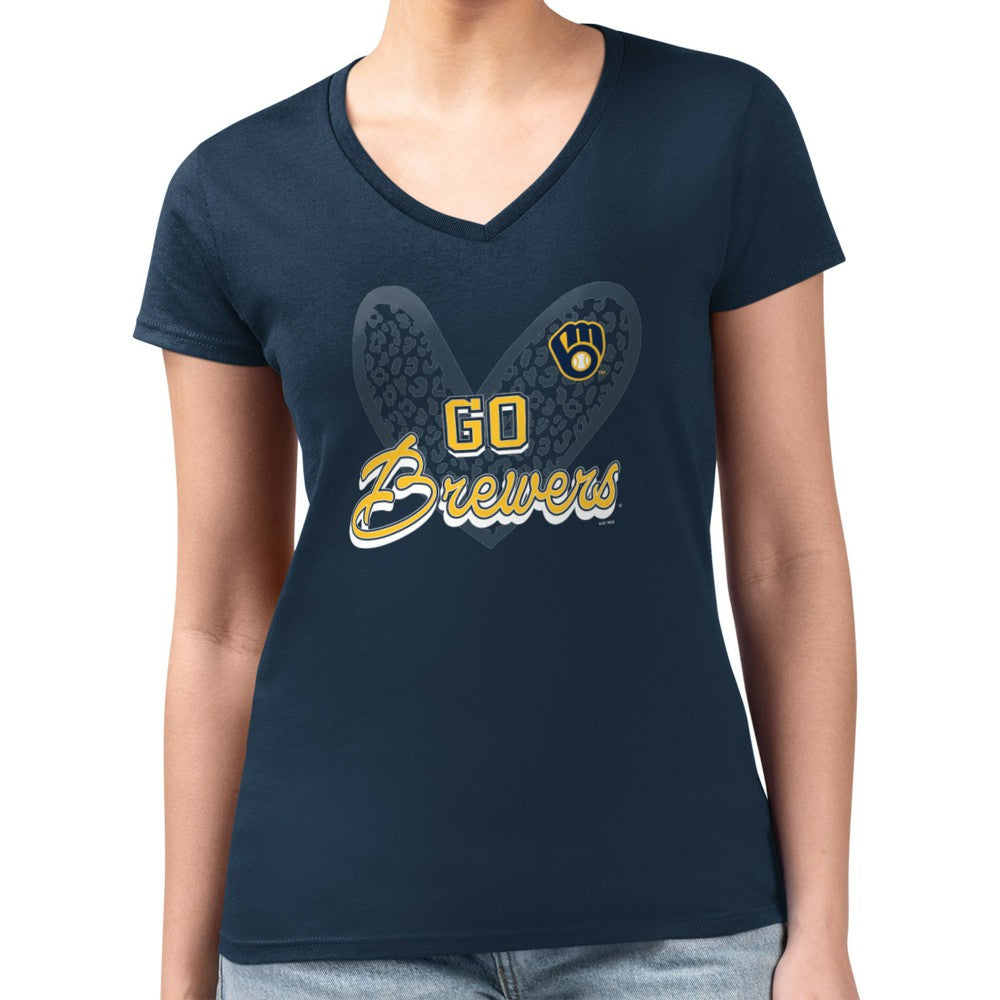Milwaukee Brewers G-III 4Her by Carl Banks Women's Super-Slim Fit Lightweight Leopard Heart V-Neck T-Shirt - MLB T-shirts