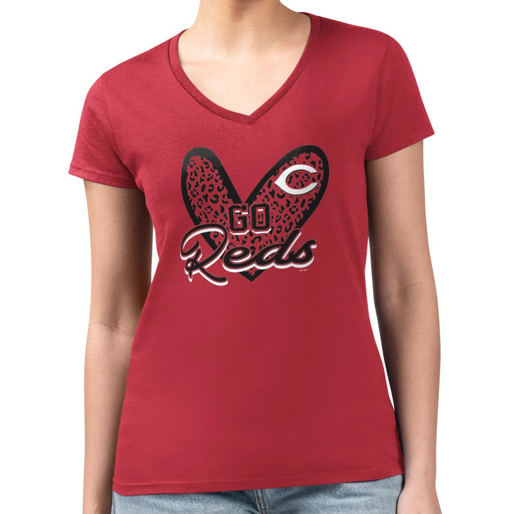 Cincinnati Reds G-III 4Her by Carl Banks Women's Super-Slim Fit Lightweight Leopard Heart V-Neck T-Shirt - MLB T-shirts