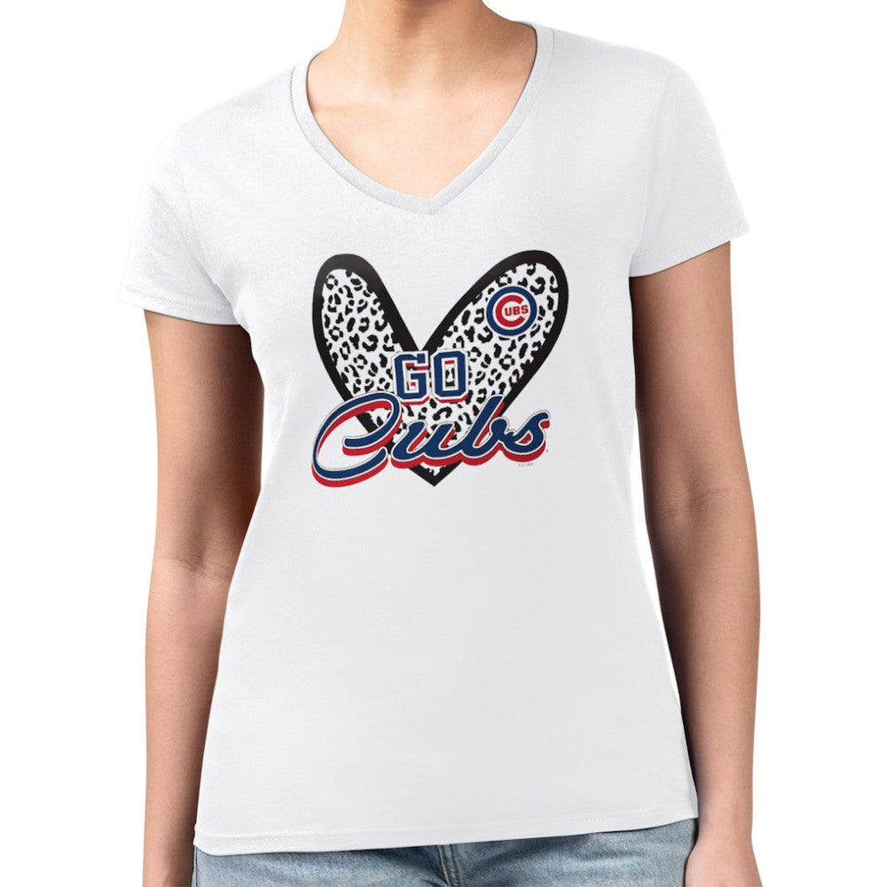 Chicago Cubs G-III 4Her by Carl Banks Women's Super-Slim Fit Lightweight Leopard Heart V-Neck T-Shirt - MLB T-shirts