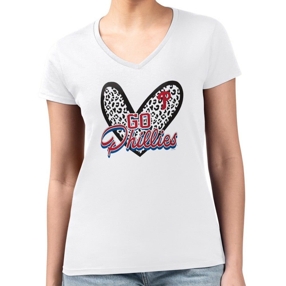 Philadelphia Phillies G-III 4Her by Carl Banks Women's Super-Slim Fit Lightweight Leopard Heart V-Neck T-Shirt - MLB T-shirts