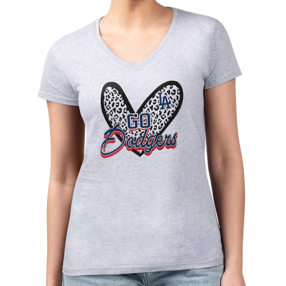 Los Angeles Dodgers G-III 4Her by Carl Banks Women's Super-Slim Fit Lightweight Leopard Heart V-Neck T-Shirt - MLB T-shirts