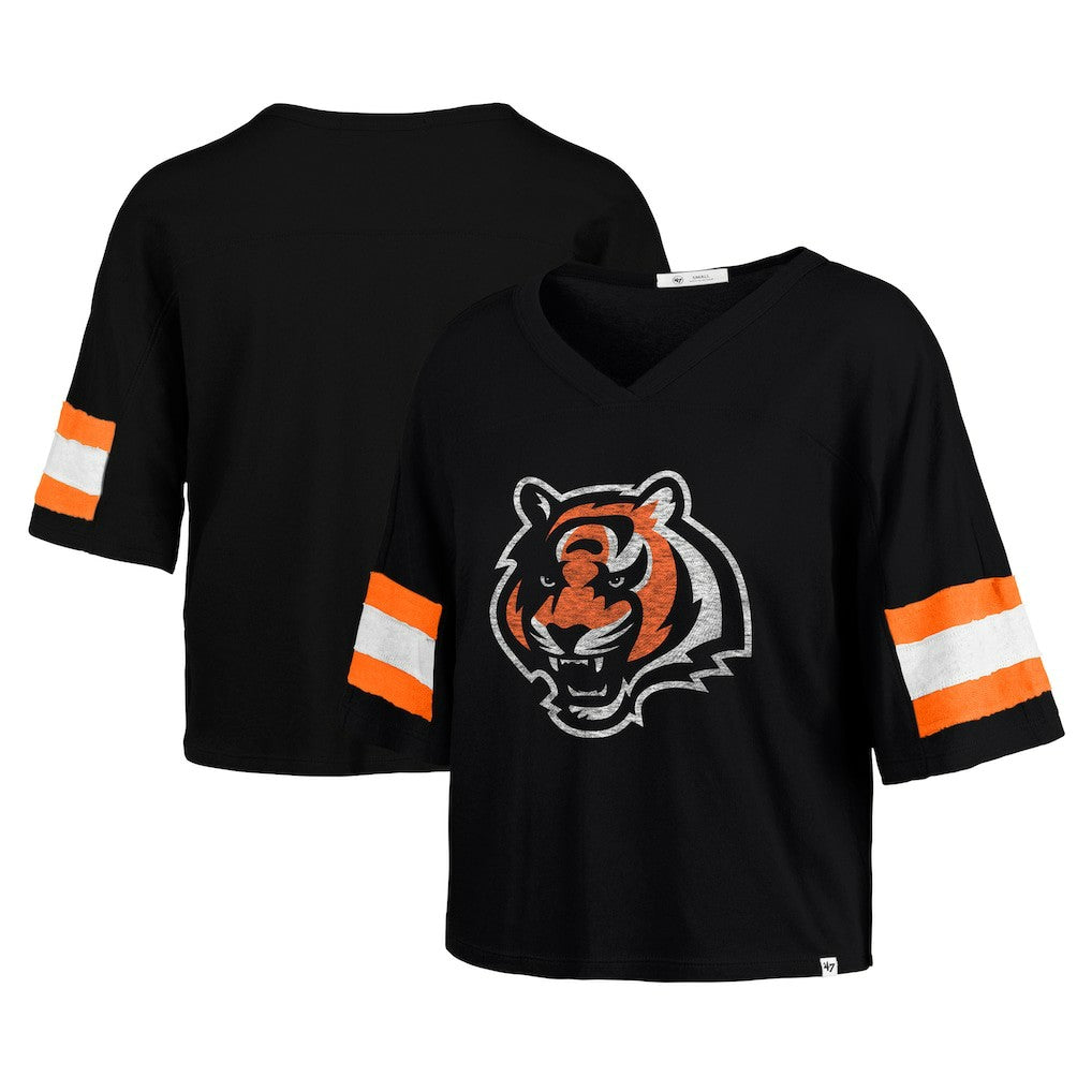 Cincinnati Bengals '47 Women's Double Header Scout Cropped V-Neck T-Shirt | NFL Outlet