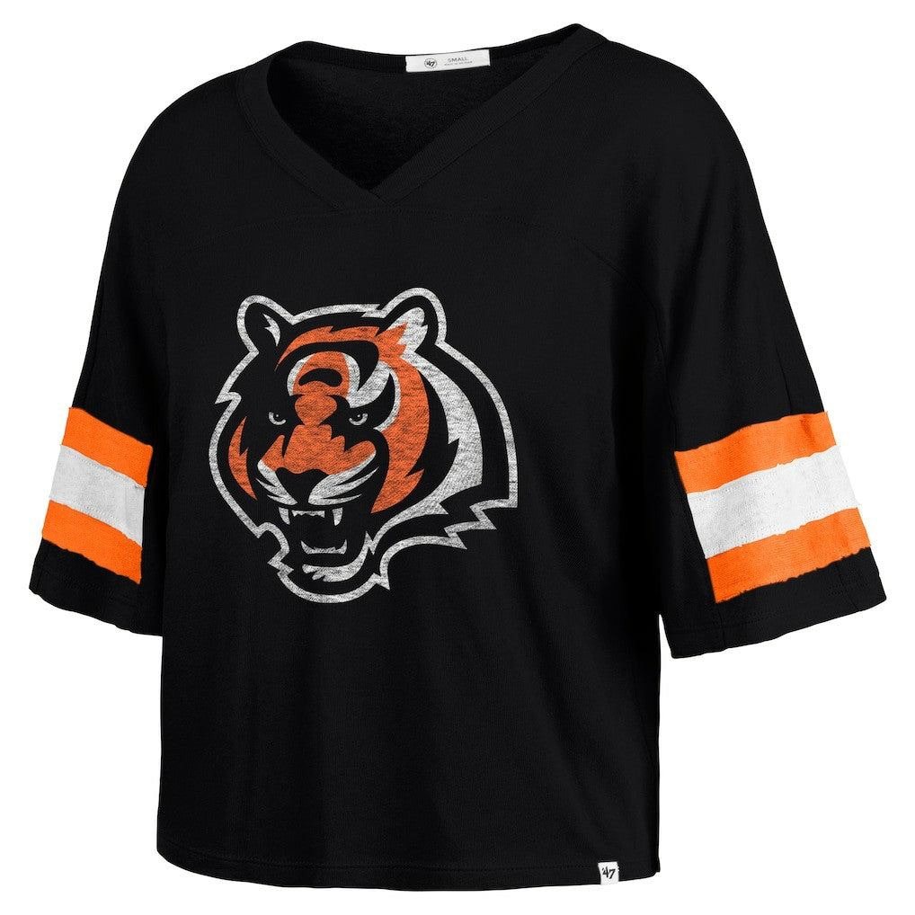 Cincinnati Bengals '47 Women's Double Header Scout Cropped V-Neck T-Shirt | NFL Outlet