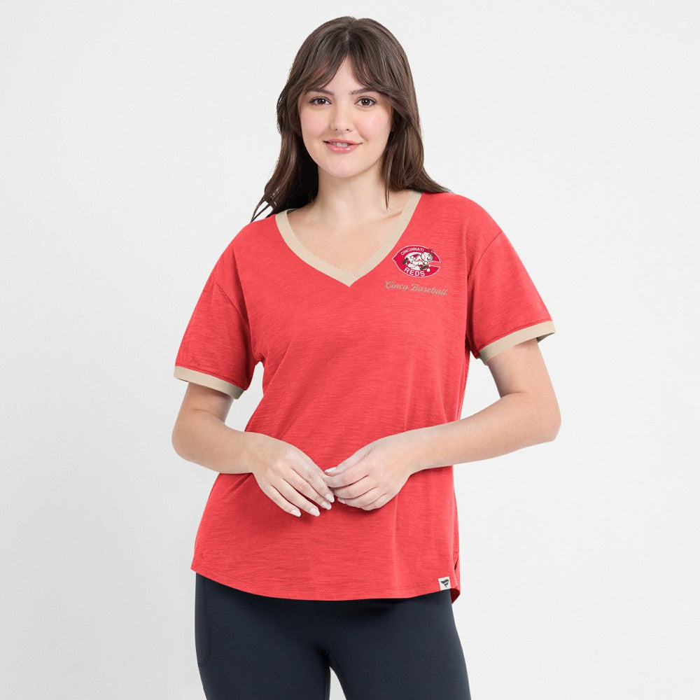 Cincinnati Reds Fanatics Women's Binge Worthy Stadium Slub V-Neck T-Shirt - MLB T-shirts