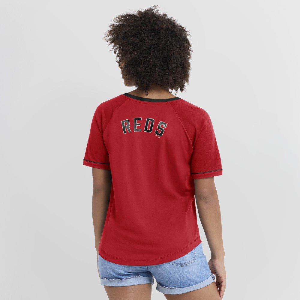 Cincinnati Reds Fanatics Women's Cooperstown Collection League Diva Raglan V-Neck T-Shirt - MLB T-shirts