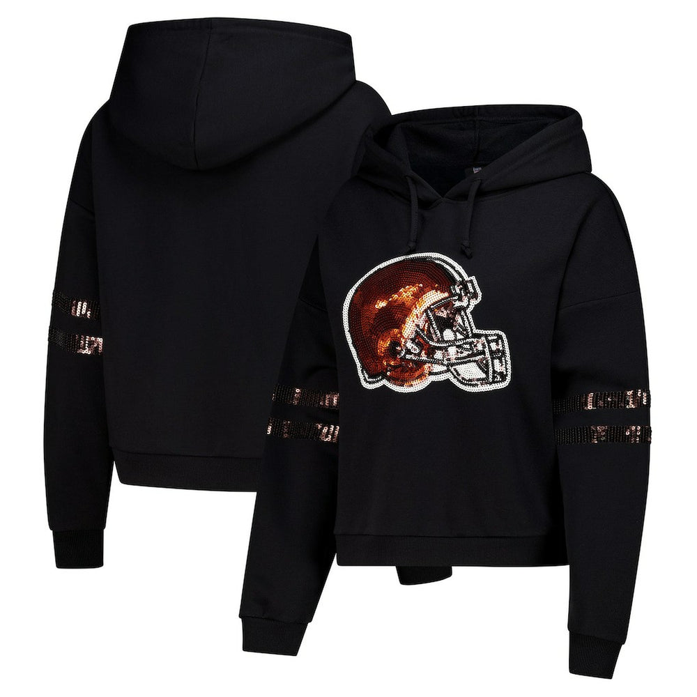 Cleveland Browns Cuce Women's Cropped Sequins Pullover Hoodie | NFL On sale