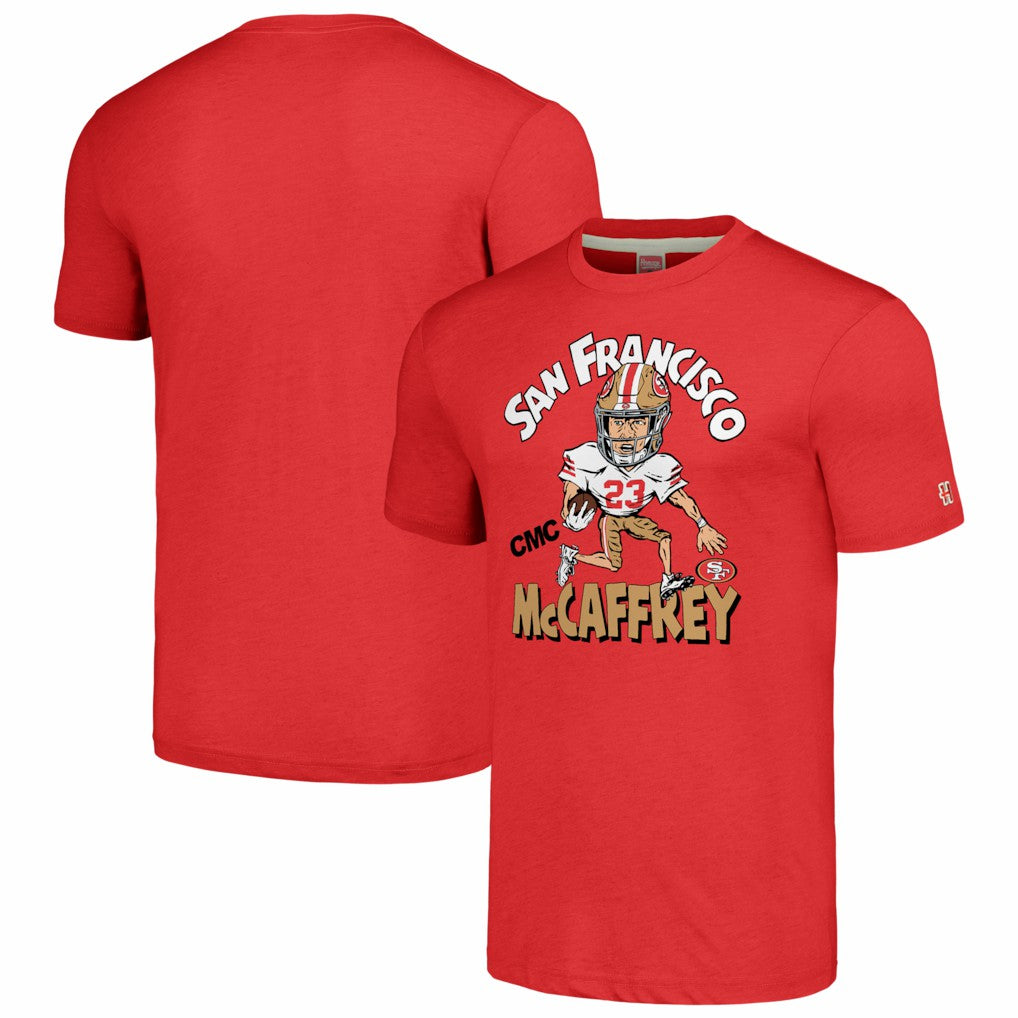 San Francisco 49ers Christian McCaffrey  Homage Unisex Caricature Player Tri-Blend T-Shirt | NFL Sale