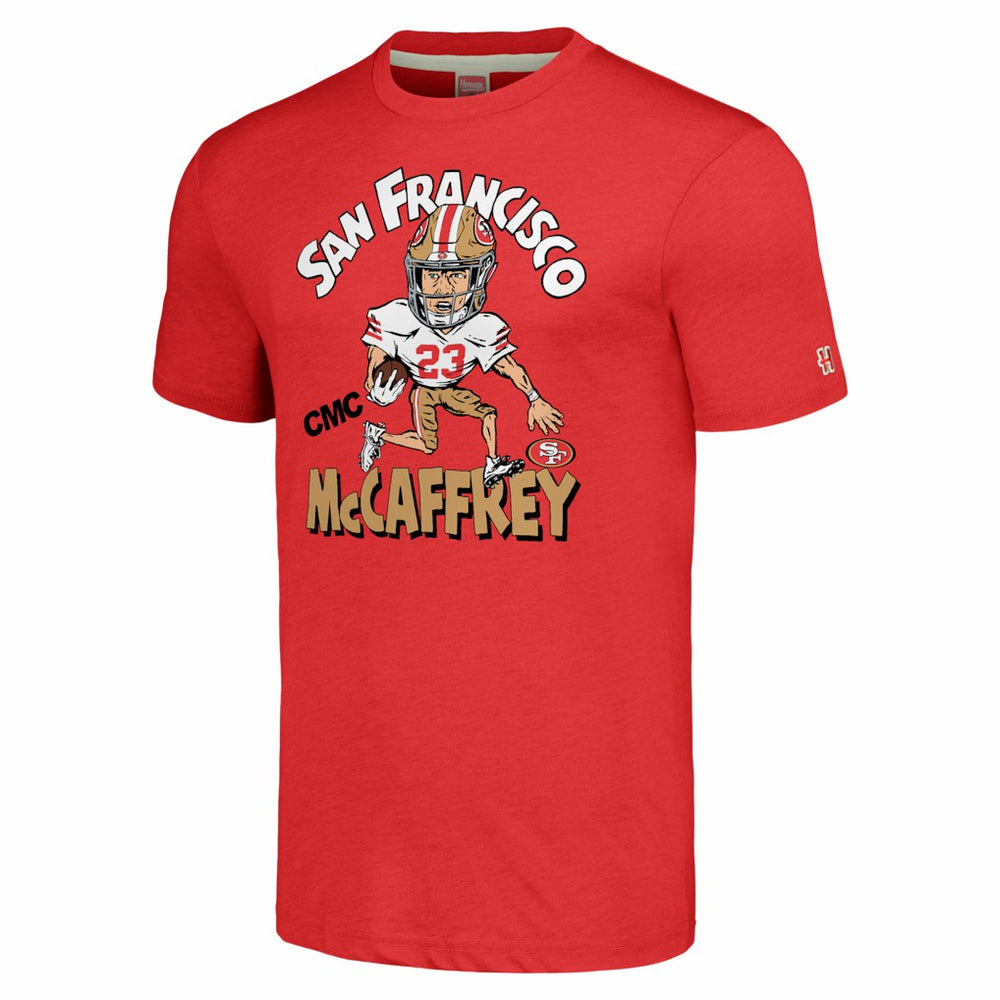San Francisco 49ers Christian McCaffrey  Homage Unisex Caricature Player Tri-Blend T-Shirt | NFL Sale