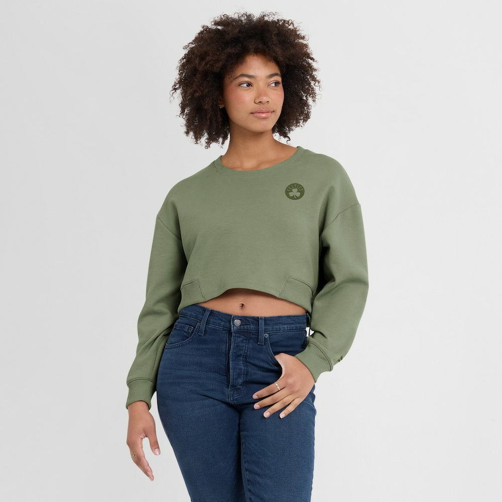 Olive Boston Celtics Women's Studio Tri-Blend Cropped Pullover Sweatshirt | NBA