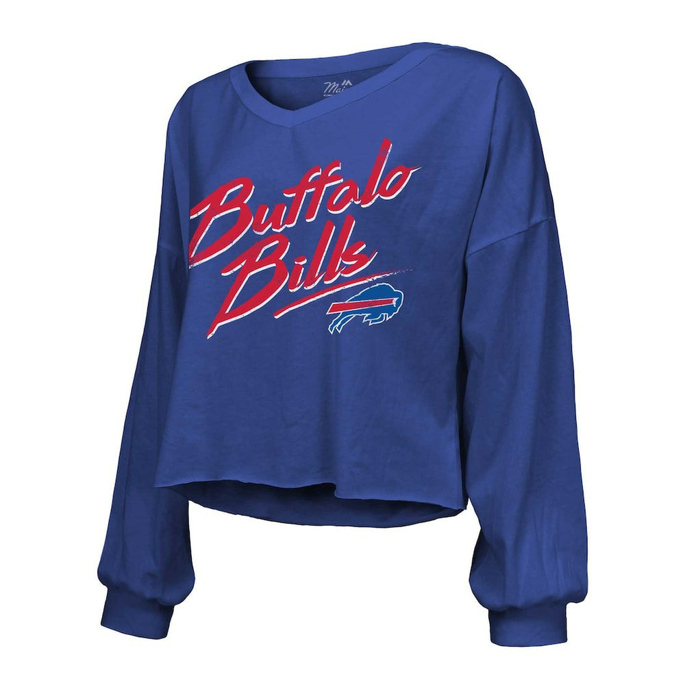 Buffalo Bills Keon Coleman  Majestic Threads Women's Name & Number Off-Shoulder Script Cropped Long Sleeve V-Neck T-Shirt | NFL Discount