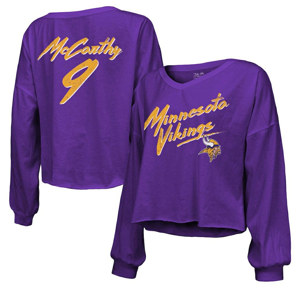 Minnesota Vikings J.J. McCarthy  Majestic Threads Women's Name & Number Off-Shoulder Script Cropped Long Sleeve V-Neck T-Shirt | NFL Online