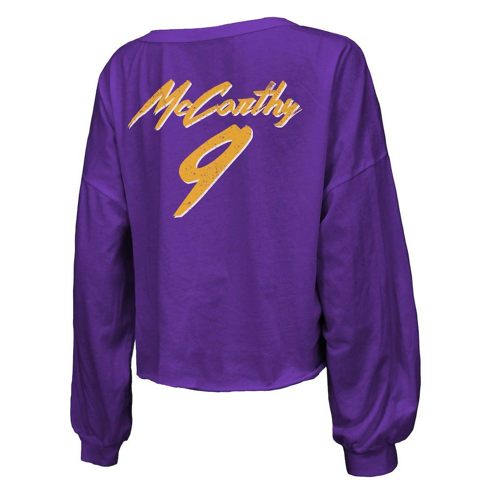 Minnesota Vikings J.J. McCarthy  Majestic Threads Women's Name & Number Off-Shoulder Script Cropped Long Sleeve V-Neck T-Shirt | NFL Online