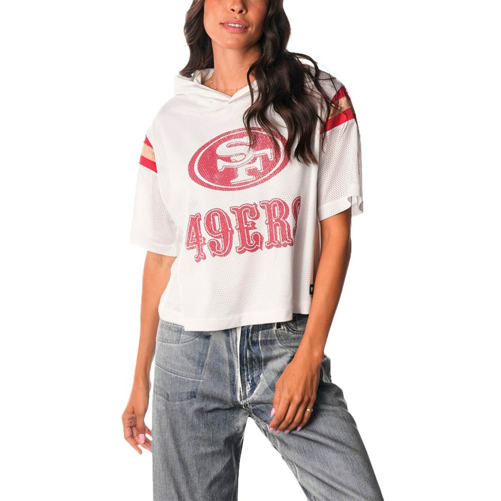 San Francisco 49ers The Wild Collective Women's Mesh Short Sleeve Hoodie T-Shirt | NFL Sale