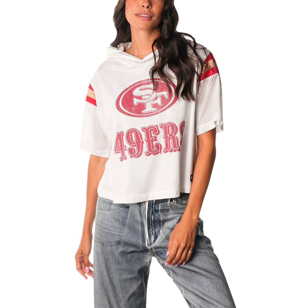 San Francisco 49ers The Wild Collective Women's Mesh Short Sleeve Hoodie T-Shirt | NFL Sale