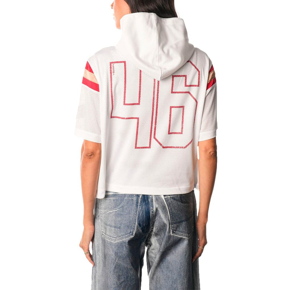 San Francisco 49ers The Wild Collective Women's Mesh Short Sleeve Hoodie T-Shirt | NFL Sale