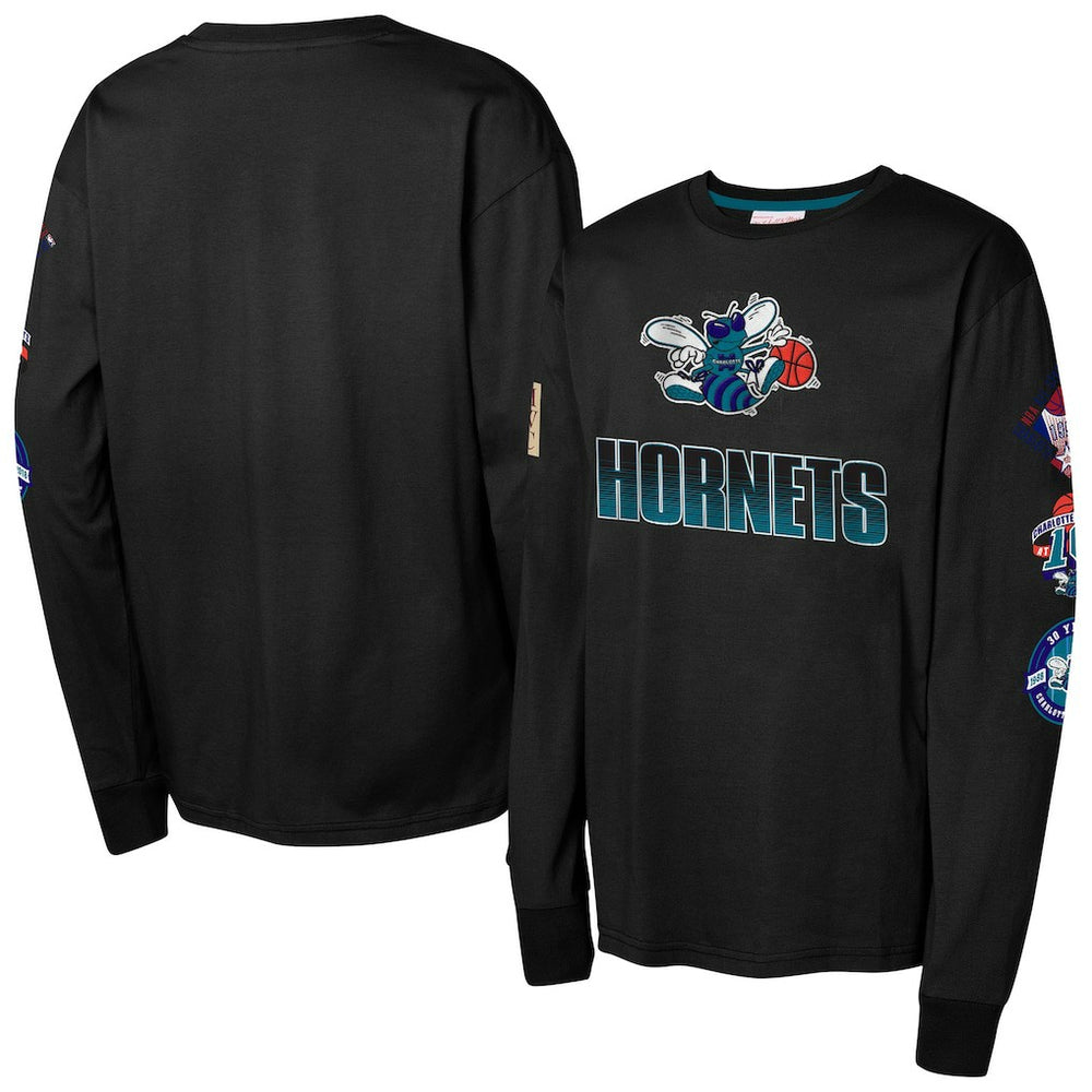 Black Charlotte Hornets Youth Hardwood Classic All Over Long Sleeve T-Shirt | NBA