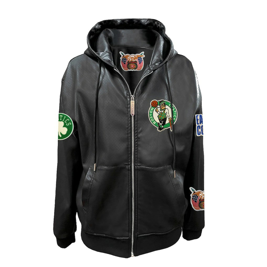Black Boston Celtics Jeff Hamilton Vegan Leather Full-Zip Hoodie | NBA