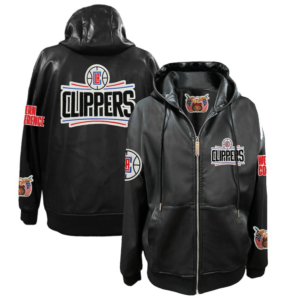 Black LA Clippers Jeff Hamilton Vegan Leather Full-Zip Hoodie | NBA