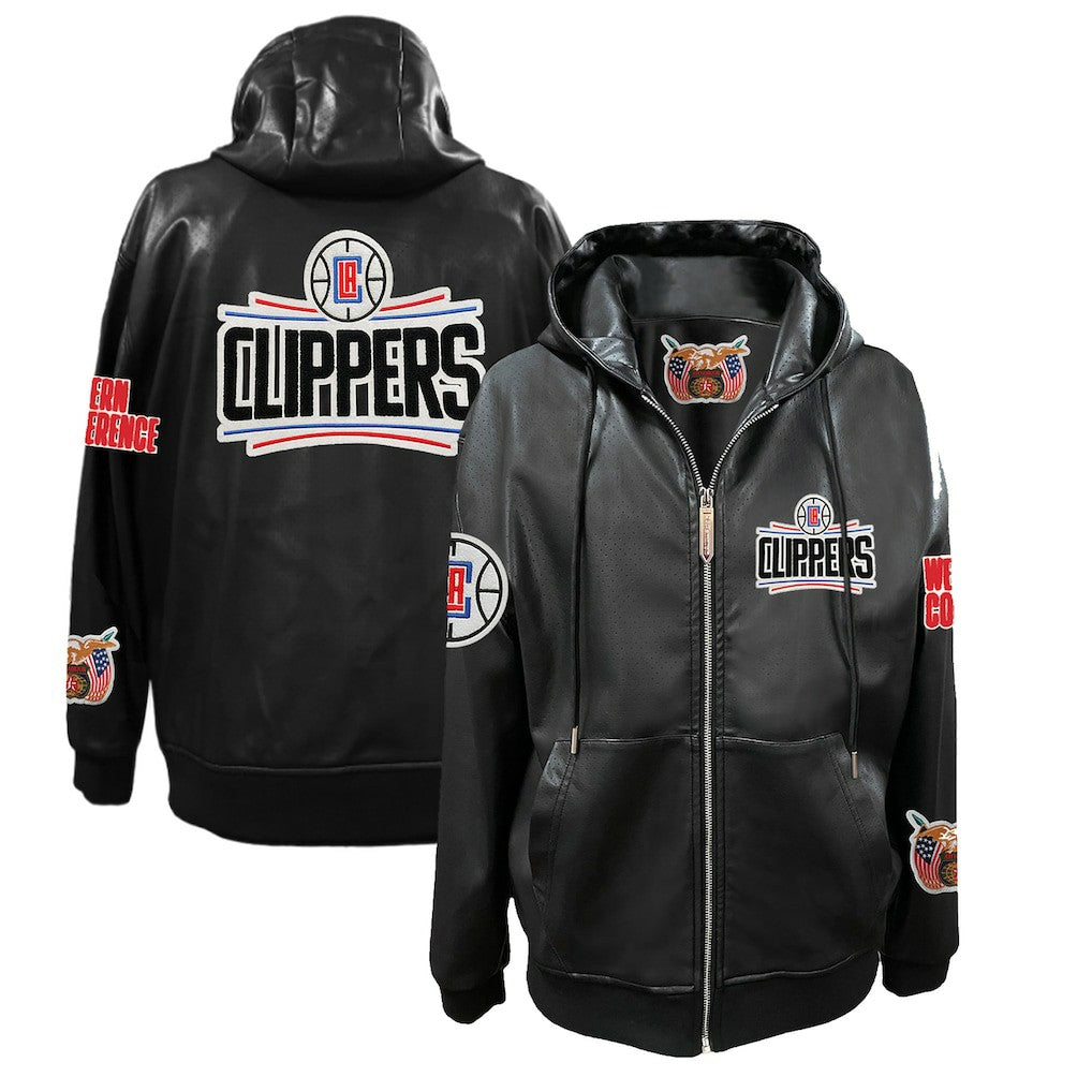 Black LA Clippers Jeff Hamilton Vegan Leather Full-Zip Hoodie | NBA