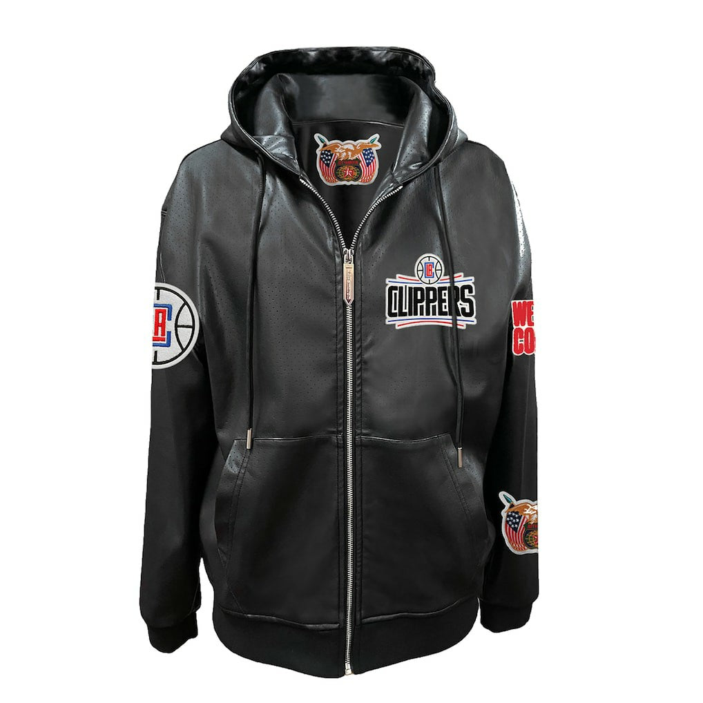 Black LA Clippers Jeff Hamilton Vegan Leather Full-Zip Hoodie | NBA