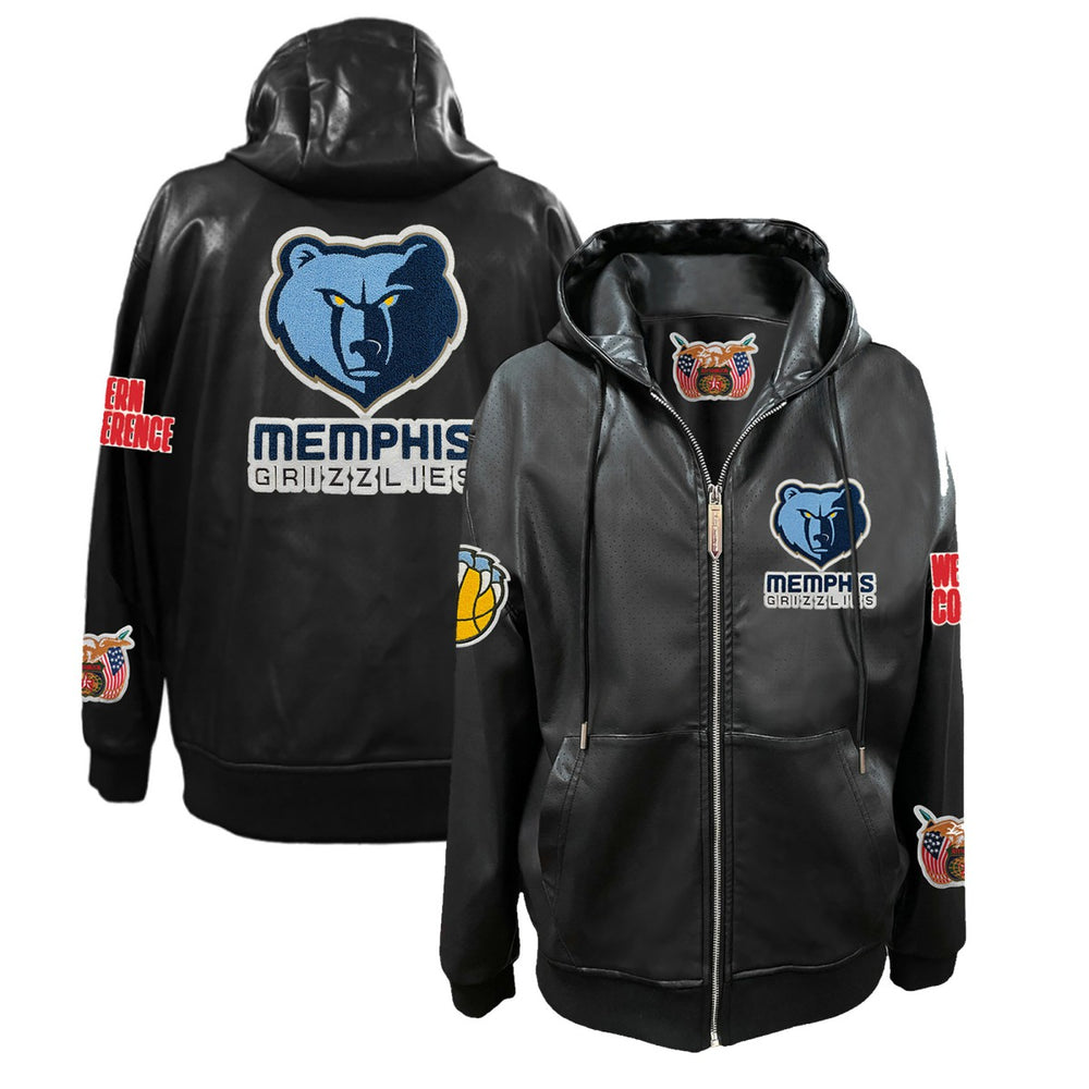 Black Memphis Grizzlies Jeff Hamilton Vegan Leather Full-Zip Hoodie | NBA