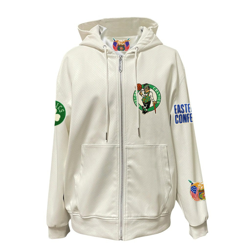 White Boston Celtics Jeff Hamilton Vegan Leather Full-Zip Hoodie | NBA