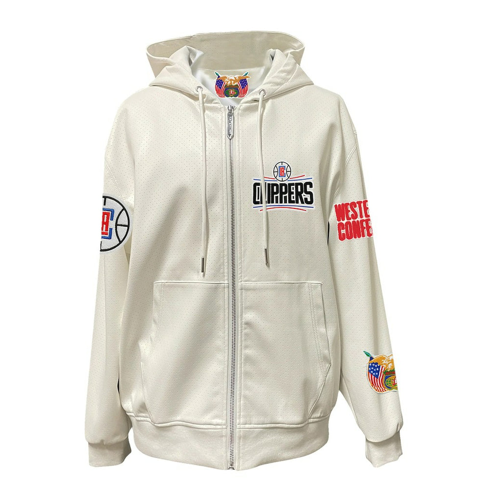 White LA Clippers Jeff Hamilton Vegan Leather Full-Zip Hoodie | NBA