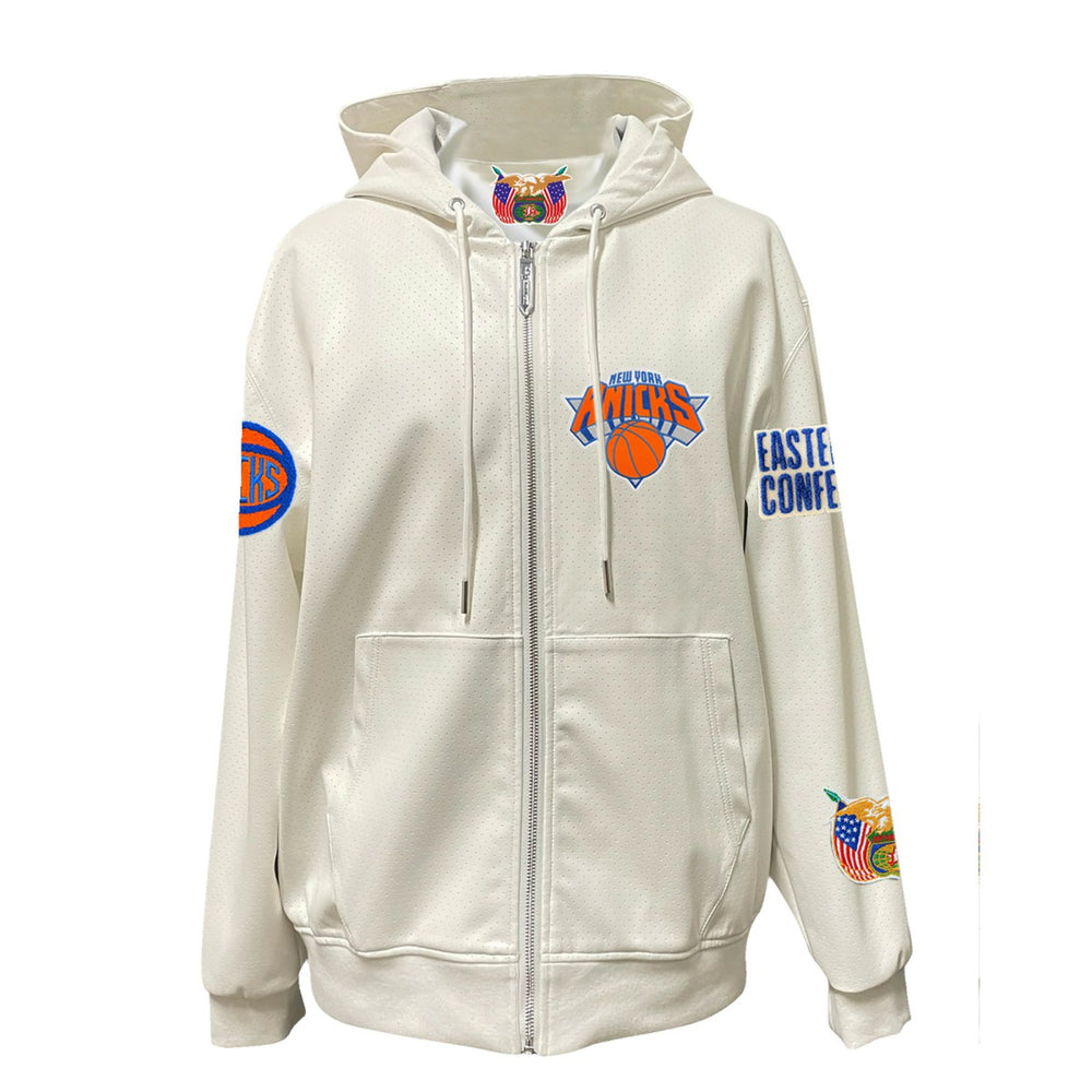 White New York Knicks Jeff Hamilton Vegan Leather Full-Zip Hoodie | NBA