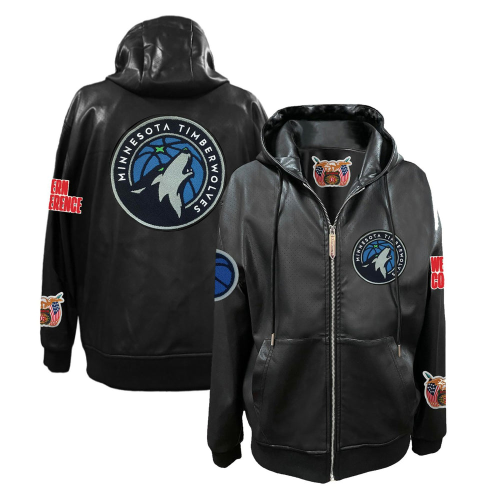 Black Minnesota Timberwolves Jeff Hamilton Vegan Leather Full-Zip Hoodie | NBA