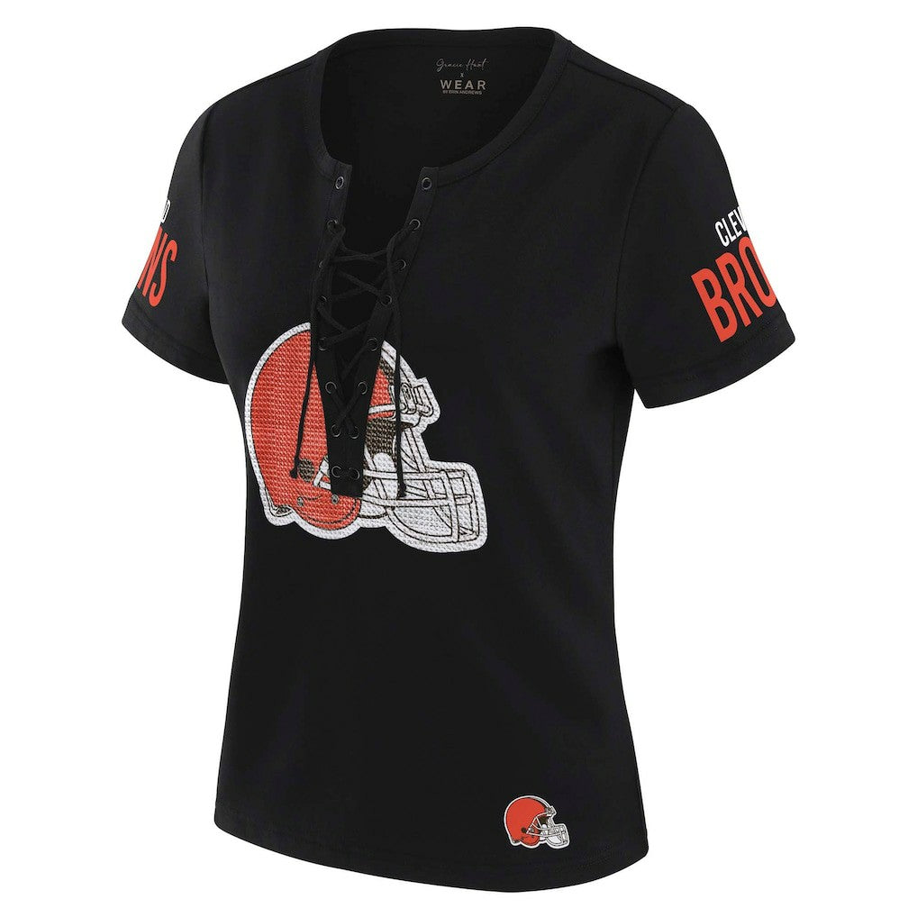 Cleveland Browns WEAR by Erin Andrews x Gracie Hunt Women's Draft Me Lace-Up T-Shirt | NFL On sale