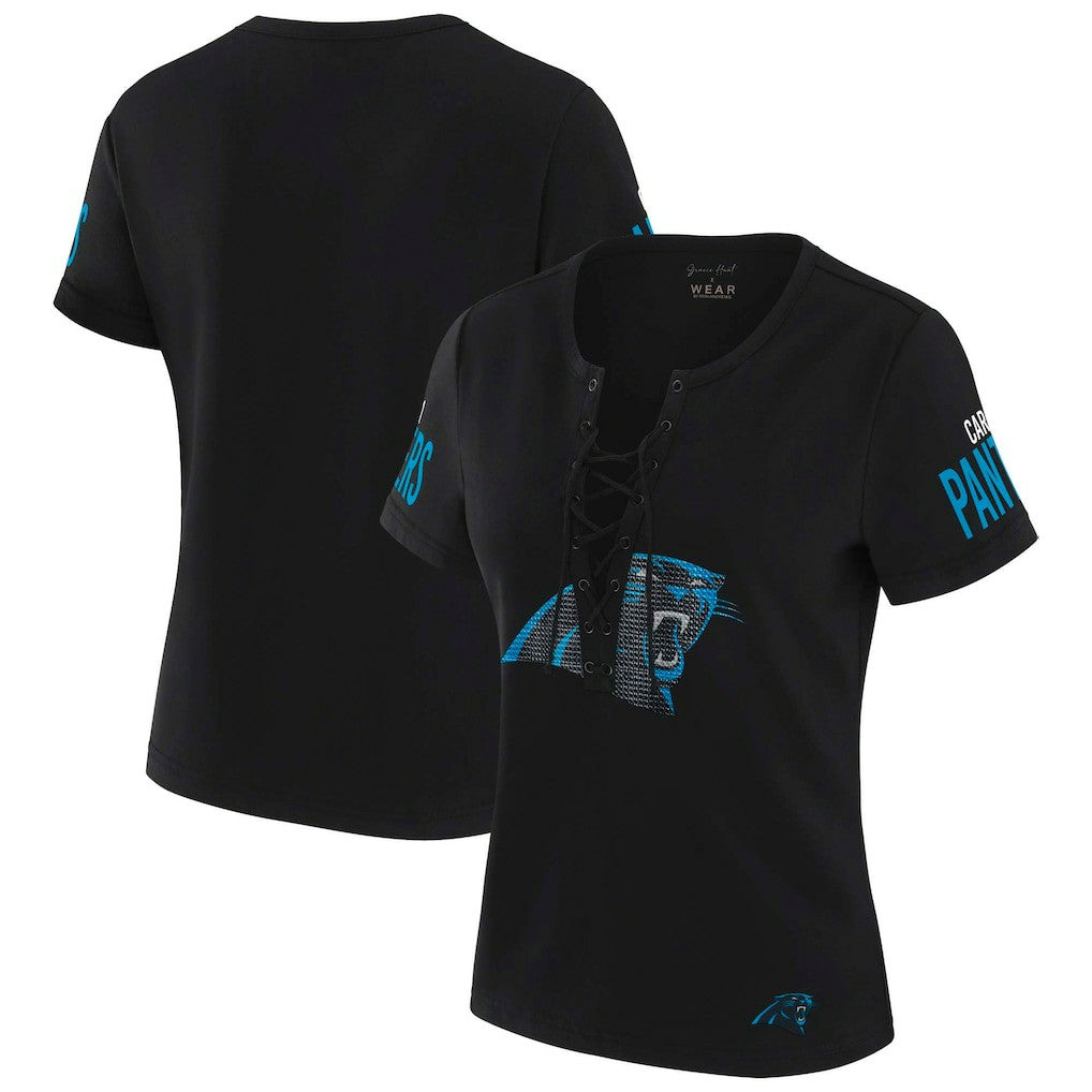 Carolina Panthers WEAR by Erin Andrews x Gracie Hunt Women's Draft Me Lace-Up T-Shirt | NFL Near me
