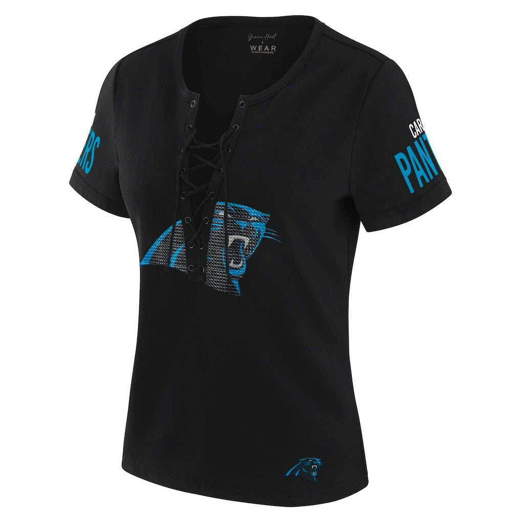 Carolina Panthers WEAR by Erin Andrews x Gracie Hunt Women's Draft Me Lace-Up T-Shirt | NFL Near me