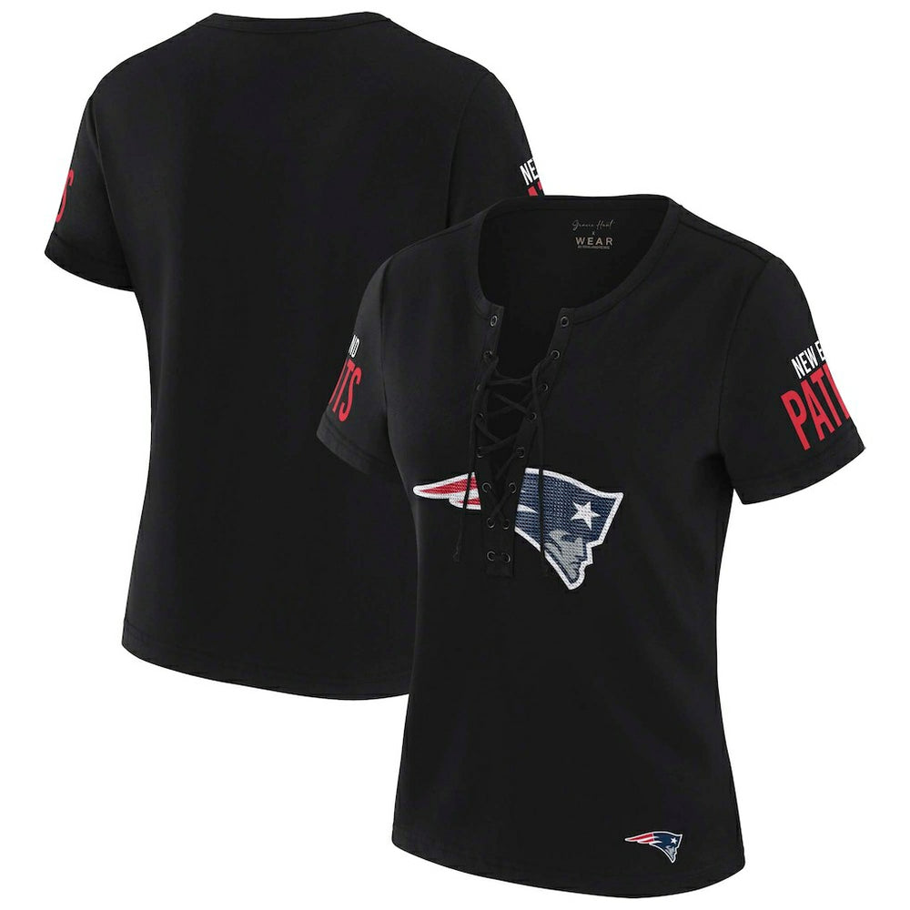 New England Patriots WEAR by Erin Andrews x Gracie Hunt Women's Draft Me Lace-Up T-Shirt | NFL Online
