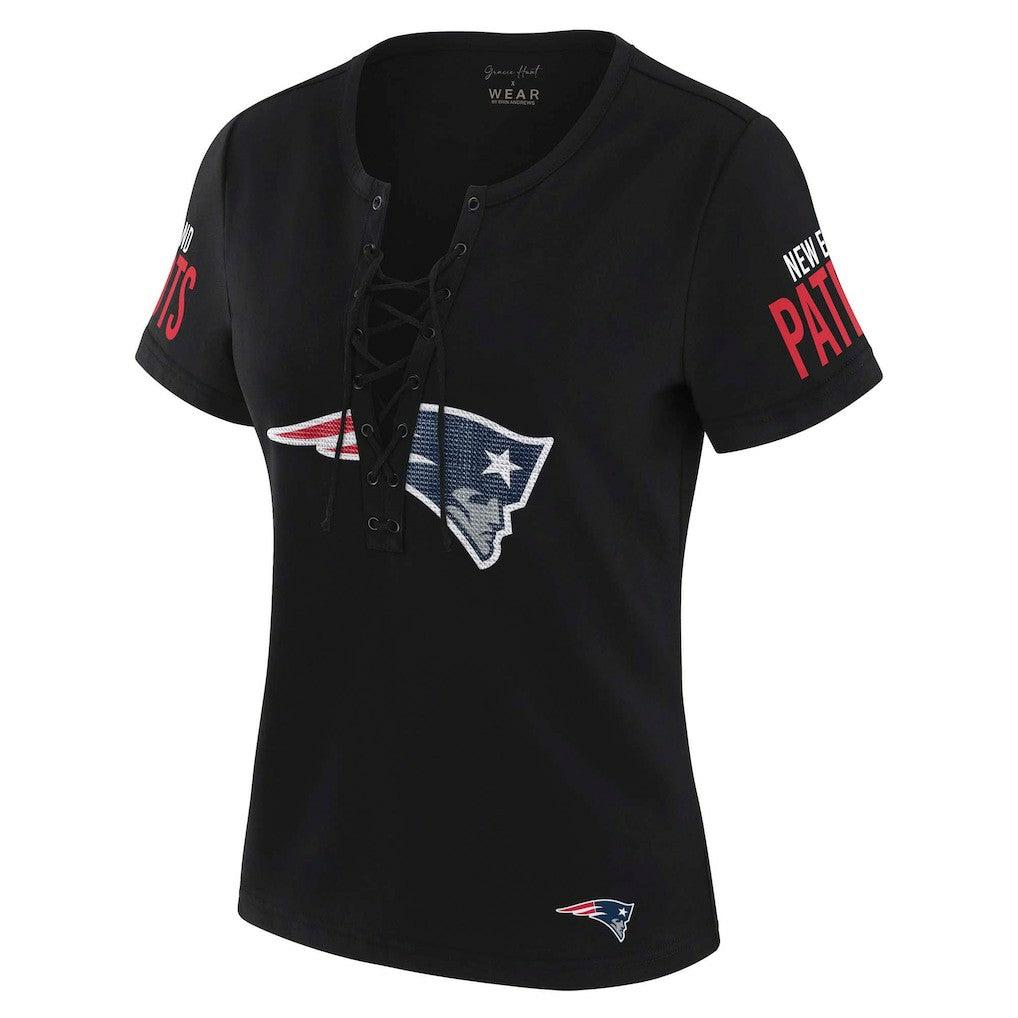 New England Patriots WEAR by Erin Andrews x Gracie Hunt Women's Draft Me Lace-Up T-Shirt | NFL Online