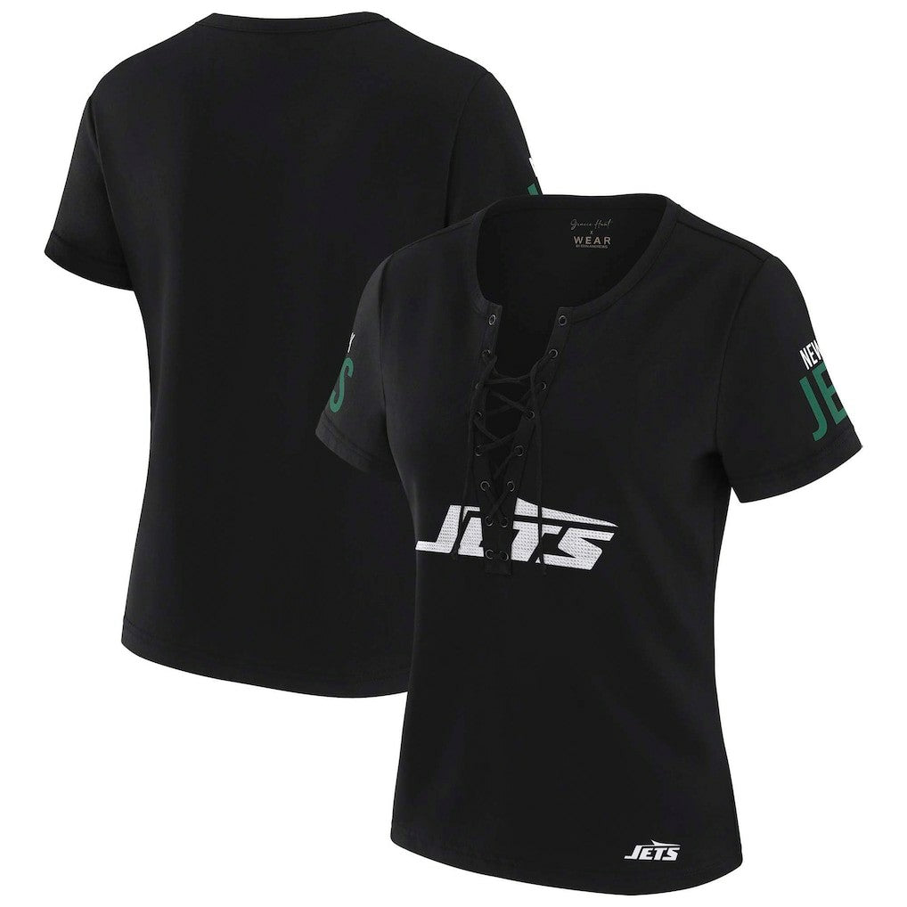 New York Jets WEAR by Erin Andrews x Gracie Hunt Women's Draft Me Lace-Up T-Shirt | NFL Discount