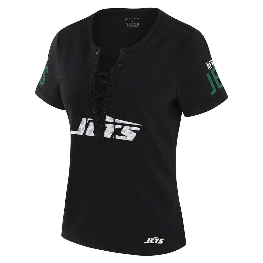 New York Jets WEAR by Erin Andrews x Gracie Hunt Women's Draft Me Lace-Up T-Shirt | NFL Discount