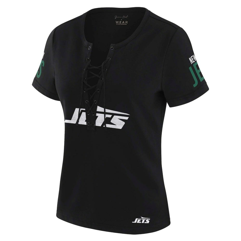 New York Jets WEAR by Erin Andrews x Gracie Hunt Women's Draft Me Lace-Up T-Shirt | NFL Discount